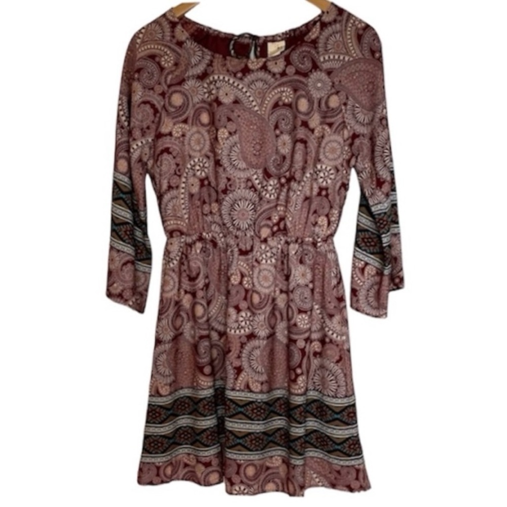 PINK OWL Boho Paisley Mixed Print Mini Dress Maroon Women’s Size Small